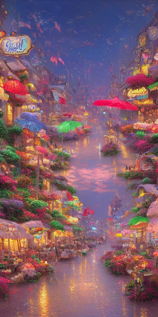 Prompt: a beautiful painting of a world of candy by thomas kinkade, trending on artstation, hdr