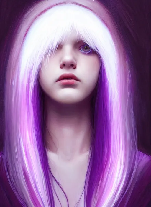 Image similar to hair whitebangs hair, black hair, whitebangs, portrait of teenage girl with white bangs, red irises, purple clothes, white bangs, bangs are different color from hair, intricate, elegant, glowing lights, highly detailed, digital painting, artstation, concept art, smooth, sharp focus, illustration, art by wlop, mars ravelo and greg rutkowski