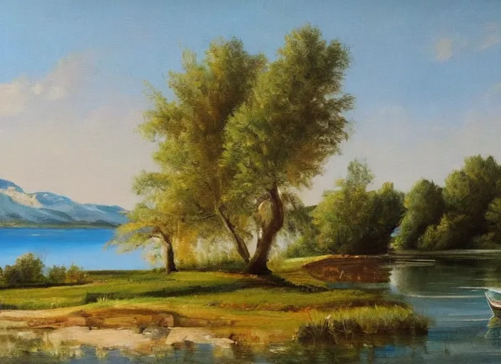 Prompt: yacht at a lake near the shore with tree hills, oil painting, detailed