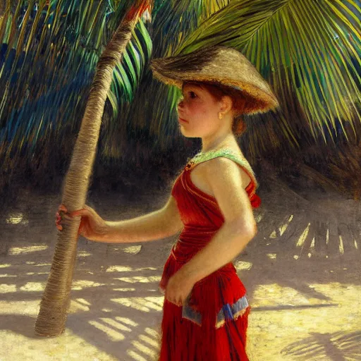 Image similar to a ultradetailed beautiful painting of a girl in the amazonas palace designed by jules bastien - lepage, hans belmer, frank weston and gustave baumann, beach, trending on artstation, mediterranean, palm trees, light sparkles, sharp focus, soft light, 8 k 4 k