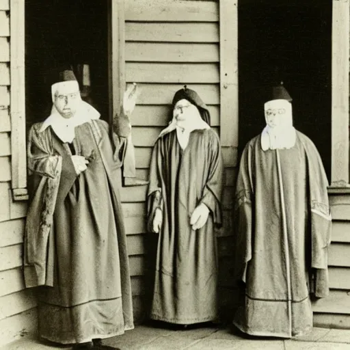 Image similar to worshippers dressed in robes belonging to the cult of porch. A porch. 1800s photo.