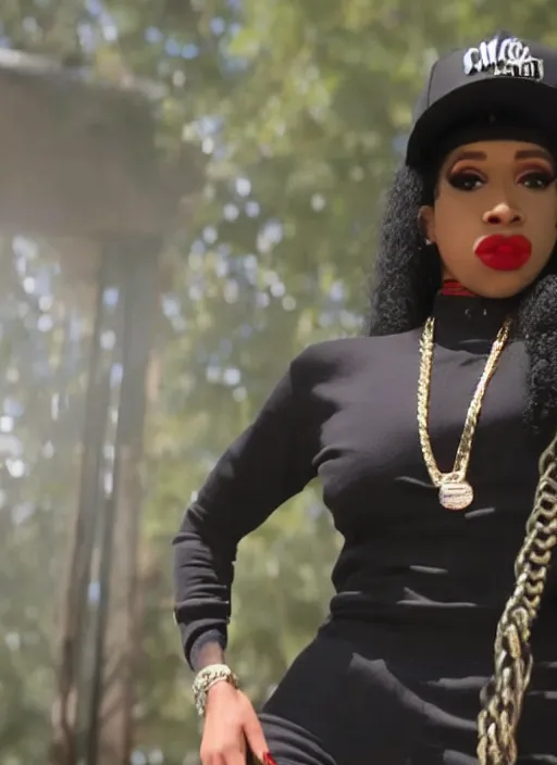 Image similar to film still of cardi b as eazy e in straight outta compton,