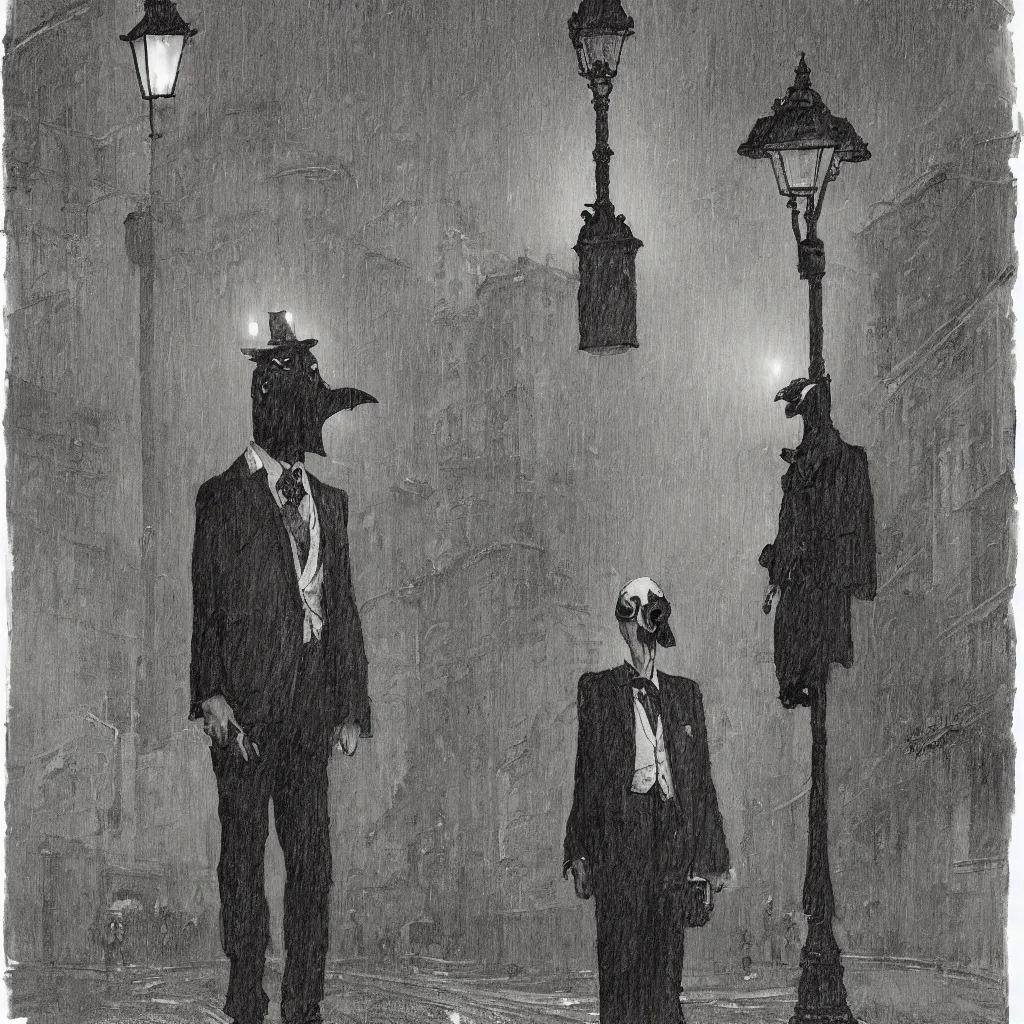 Image similar to a highly detailed portrait of a man wearing a suit and a raven mask standing in the middle of a street illuminated by a lone street lamp, by norman rockwell, cinematic lighting, detailed drawing