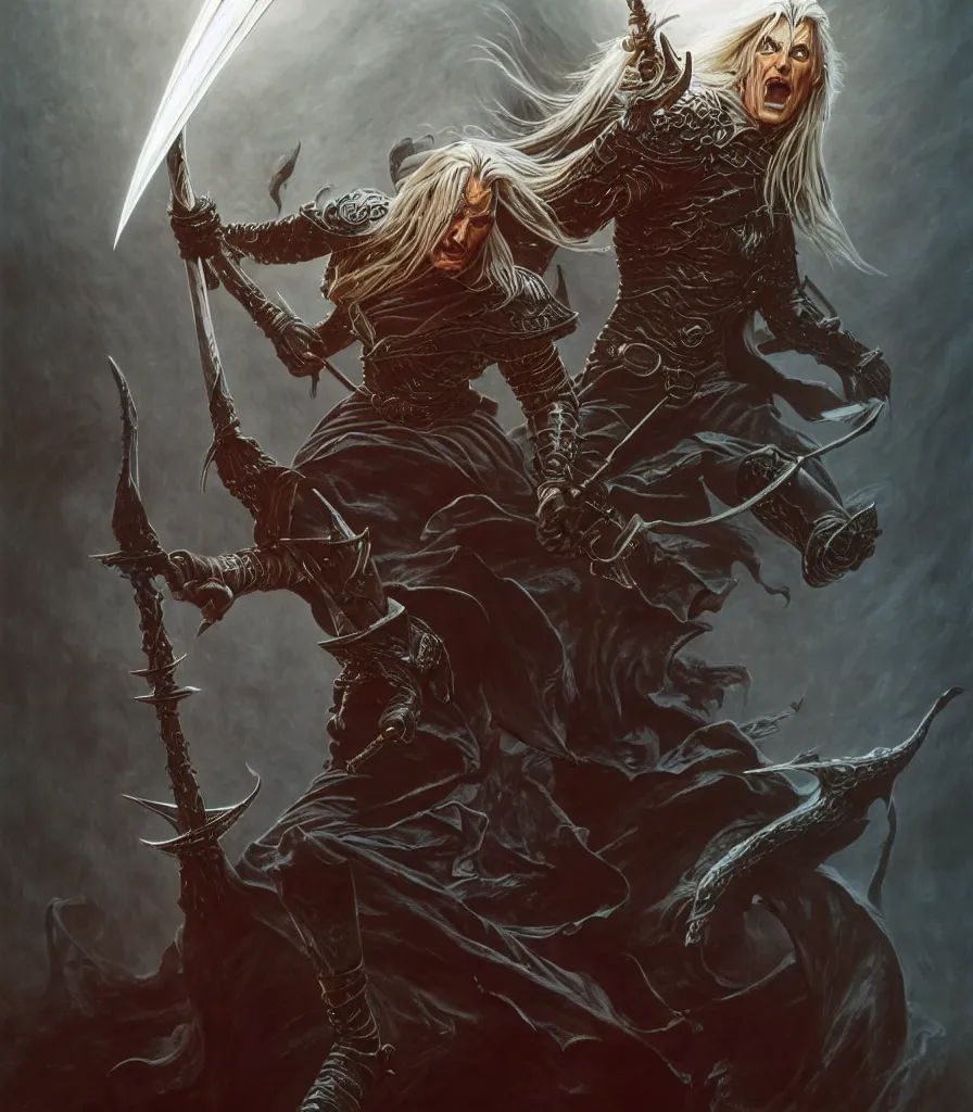 Image similar to elric of melnibone, artwork by michael whelan, full figure, action pose, dramatic lighting, cinematic, hyperrealistic, highly detailed, artstation,