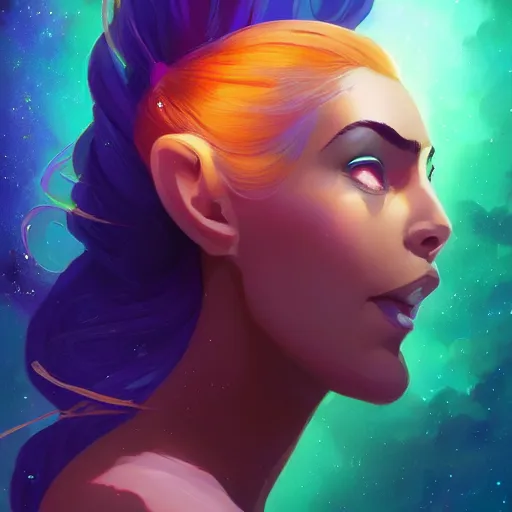 Prompt: portrait of beautiful woman with magical nebula hair, maya ali mage, gloomhaven, dynamic lighting, gaudy colors, octane render aesthetic, matte painting concept art, official fanart behance hd artstation by jesper ejsing, by rhads and makoto shinkai and lois van baarle and ilya kuvshinov and rossdraws