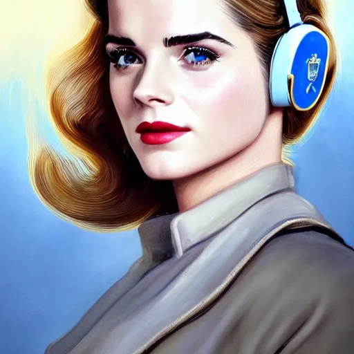 Image similar to A combination of Grace Kelly's and Emma Watson's and Ashley Greene's appearances with blonde hair wearing Power armor and a headset, full body portrait, western, D&D, fantasy, intricate, elegant, highly detailed, digital painting, artstation, concept art, matte, sharp focus, illustration, art by Donato Giancola and James Gurney