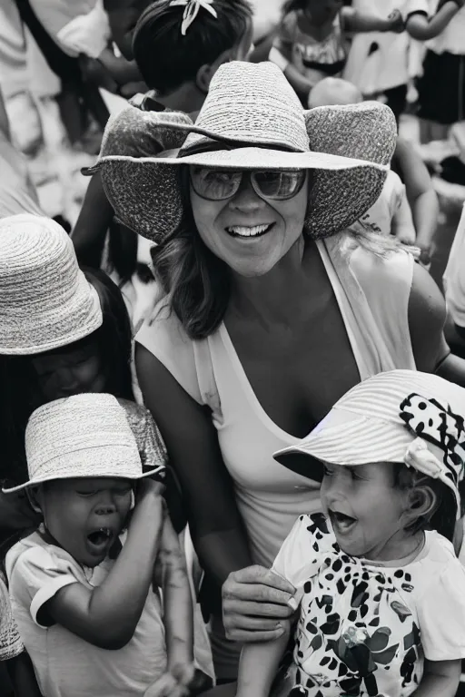 Image similar to “an exhausted beautiful mother wearing a sun hat and sundress, surrounded by exciting screaming children at a birthday party, 10 mm photo, Leica, F4”