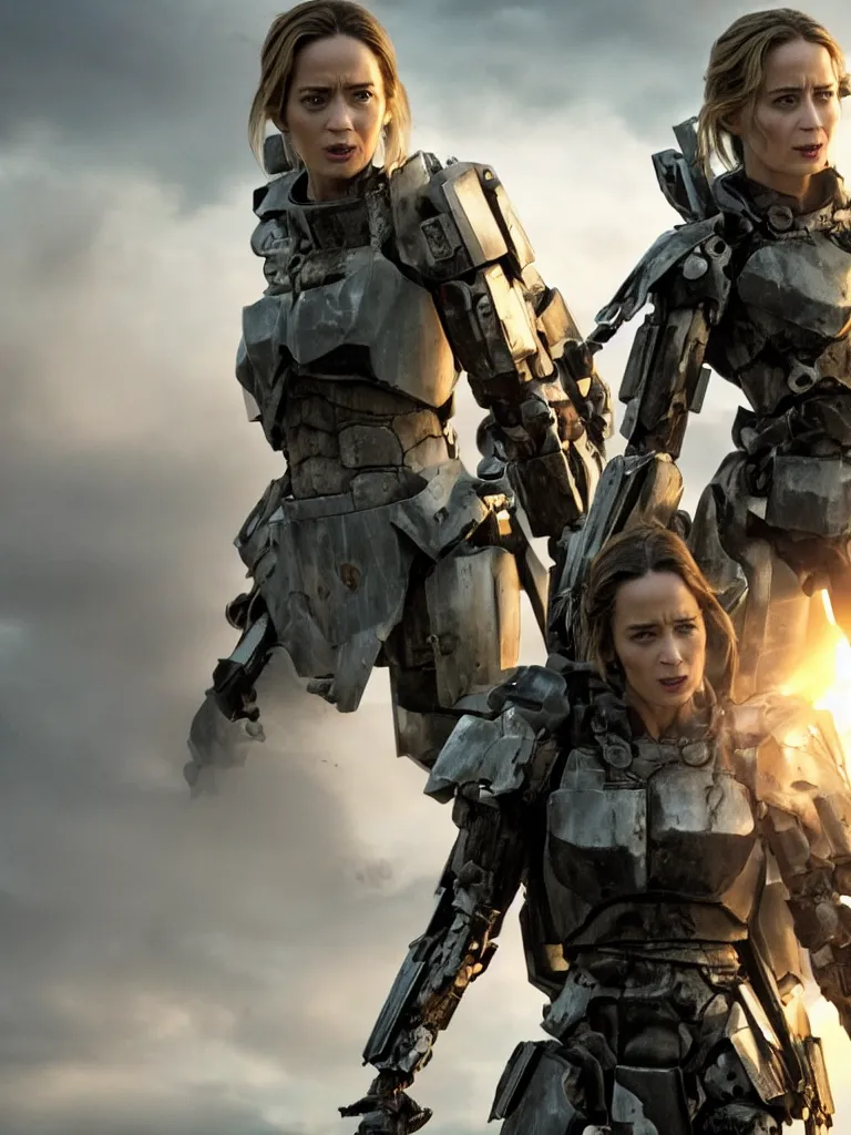 Image similar to emily blunt in futuristic power armor, holding a sword, edge of tomorrow, angel of verdun, sunset