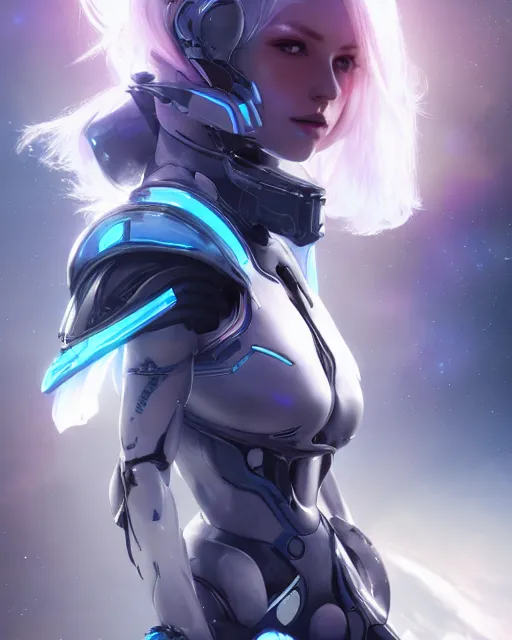 Image similar to perfect android girl on a mothership, warframe armor, beautiful face, scifi, futuristic, galaxy, nebula, raytracing, dreamy, long white hair, blue cyborg eyes, sharp focus, cinematic lighting, highly detailed, artstation, divine, by gauthier leblanc, kazuya takahashi, huifeng huang