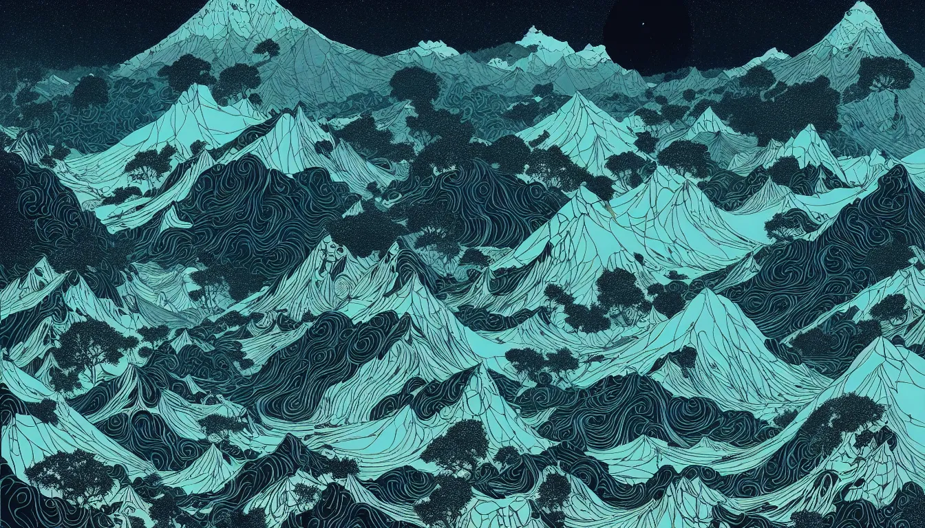 Image similar to himalayas by balmy enso, jamie hewlett, nicolas delort, moebius, victo ngai, josan gonzalez, kilian eng