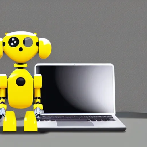 Image similar to a small yellow robot dog standing on a laptop on a desk