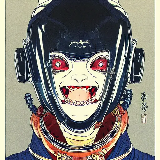 Image similar to portrait of female demon naraka astronaut painted in miyazaki color style drawn by katsuhiro otomo and takato yamamoto, high detail, intricate linework, sharp, monster face, perspective, manga and anime