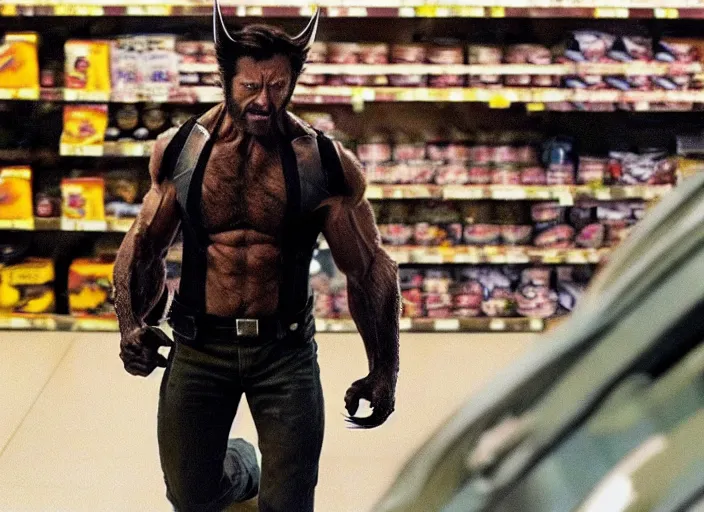 Image similar to film still of Wolverine going grocery shopping in the new X-Men movie, 4k