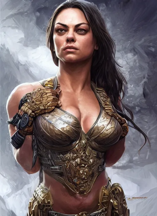 Image similar to Mila Kunis as a very muscled rugged looking Amazon, intricate, elegant, highly detailed, centered, digital painting, artstation, concept art, smooth, sharp focus, illustration, art by artgerm and donato giancola and Joseph Christian Leyendecker, WLOP