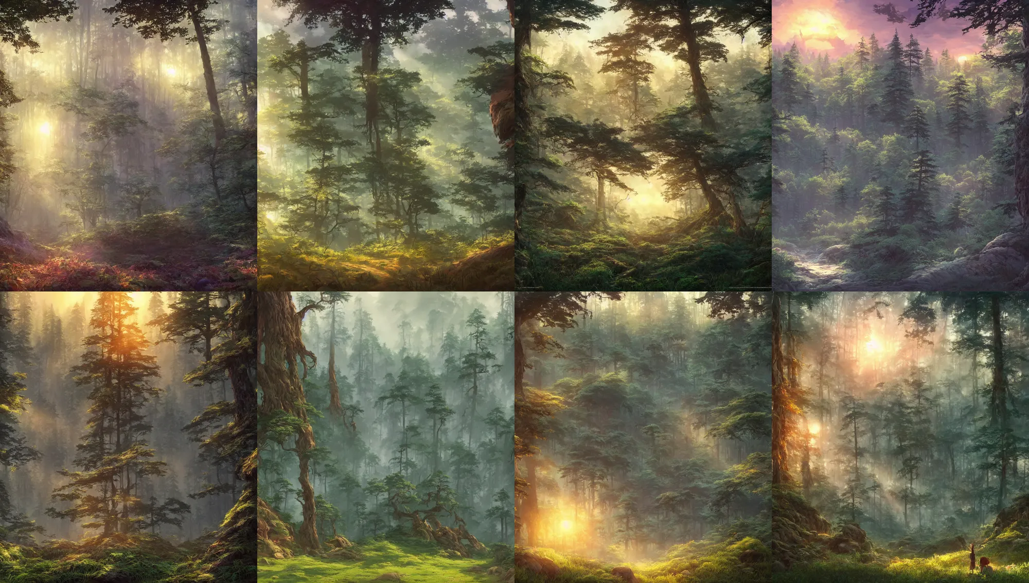 Image similar to forest clearing landscape, sunset, studio ghibli, pixar and disney animation, sharp, rendered in unreal engine 5, highly detailed, digital painting, artstation, concept art, smooth, sharp focus, illustration, wide angle, artbook, wallpaper, splash art, promo art, dramatic lighting, art by artgerm and greg rutkowski and bo chen and jin xiaodi