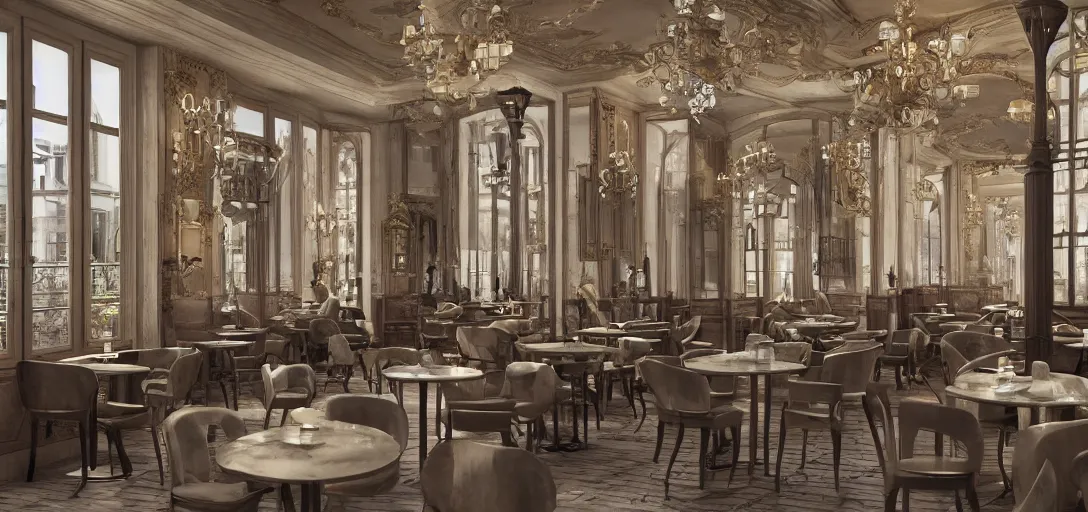 Image similar to a photorealistic render of a parisian cafe at lunch time but all the chairs look like the iron throne, cafe customers, fancy french waiters, ultra detailed face, 8 k, artstation, volumetric lighting, smooth, highly detailed, octane render, by andres rocha and albert bierstadt and greg rutkowski