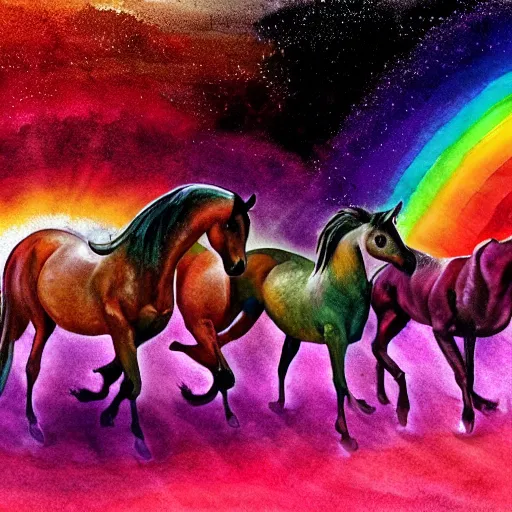 Image similar to horses over a bright colorful rainbow under a dark starred night, dark fantasy, digital art, watercolour, high detail, colorful, dreaming illusion