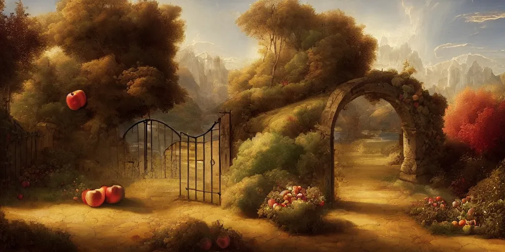 Image similar to heaven fantasy painting, big pearly gate in heaven, apples, fruit, 8 k, trending on art station, digital art, raphael lacoste