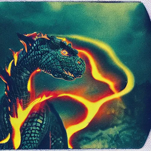 Prompt: reptile unicorn in flames, point of view shot, polaroid photography in style of andrey tarkovski, mellow, mystical, sublime