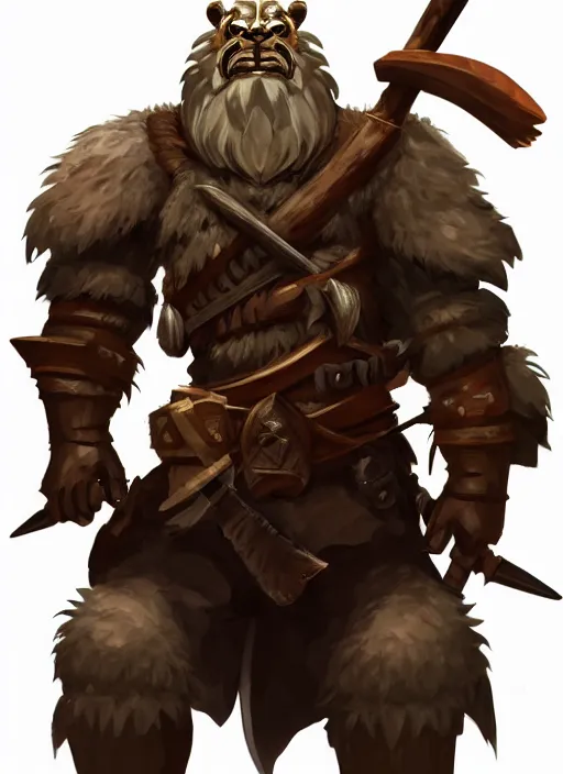 Image similar to strong young man, bugbear ranger, black beard, dungeons and dragons, pathfinder, roleplaying game art, hunters gear, flaming sword, jeweled ornate leather armour, concept art, character design on white background, by studio ghibli, makoto shinkai, kim jung giu, poster art, game art, rendered
