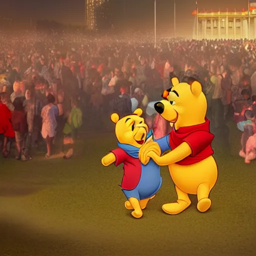 Prompt: winnie the pooh at tiananmen square, award winning photography, extremely detailed, artstation, 8 k, sensual lighting, incredible art, wlop, artgerm