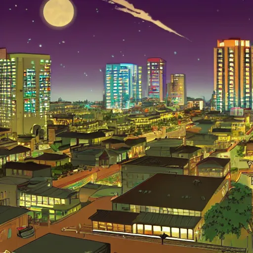 Image similar to modern anime still of an overview of a small coastal Florida town at night, downtown in the distance, key anime visuals