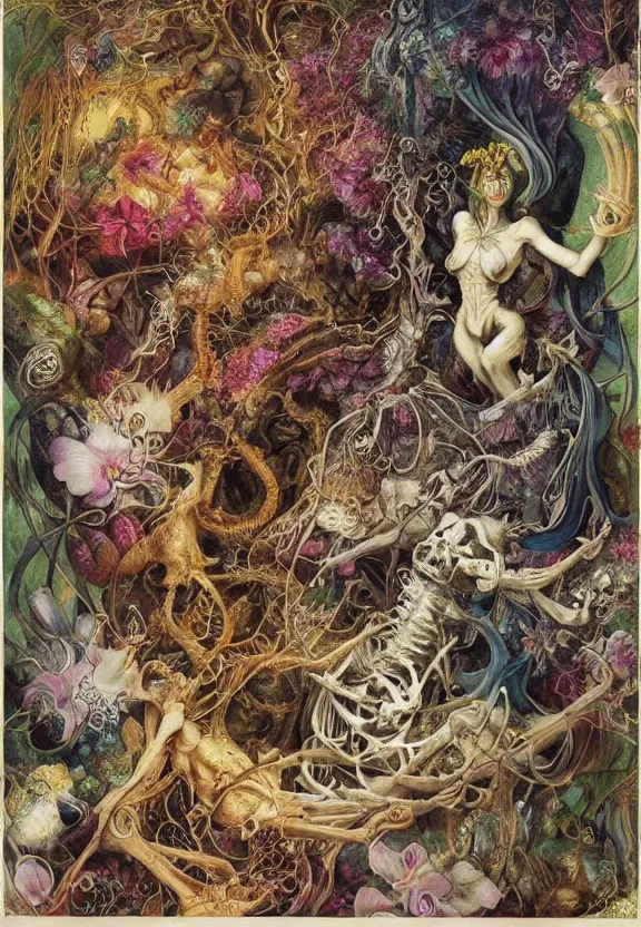 Prompt: simplicity, elegant, colorful muscular eldritch animals and bones radiating from fractal, orchids, flowers, mandala, white bones, by h. r. giger and esao andrews and maria sibylla merian eugene delacroix, gustave dore, thomas moran, pop art, chiaroscuro, biopunk, art nouveau