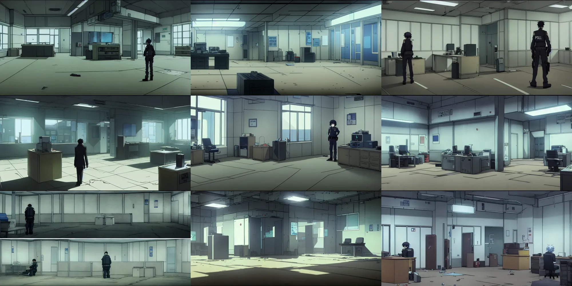 Prompt: an empty empty (no people) cyberpunk police police office in a quiet quiet quiet shop in the cyberpunk anime film, Shichiro Kobayashi, screenshot in the anime series ergo proxy and Detroit metal city, interior