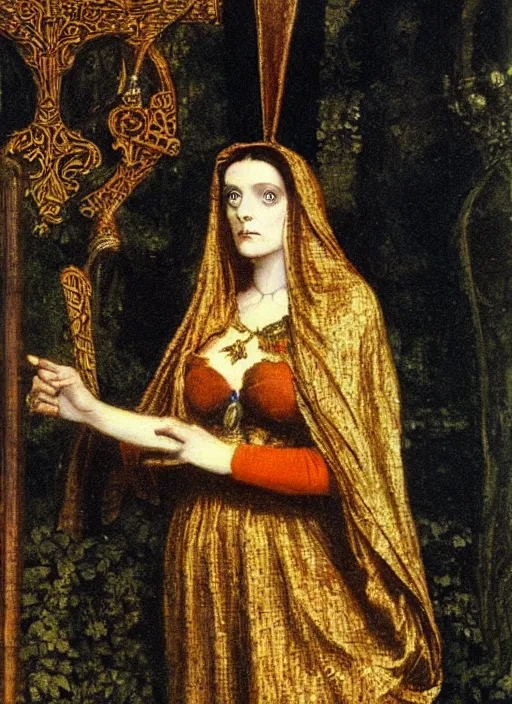 Image similar to morgan le fay and, oil painted by frederick sandys,