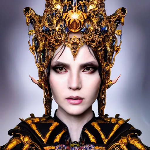 Image similar to a beautiful empress portrait, with a brilliant, impossible striking big cybernetic headpiece, cybernetic clothes, symmetrical, dramatic studio lighting, rococo, baroque, asian, hyperrealism, closeup, D&D, fantasy, intricate, elegant, highly detailed, digital painting, artstation, octane render, 8k, concept art, matte, sharp focus, illustration, art by Artgerm and Greg Rutkowski and Alphonse Mucha