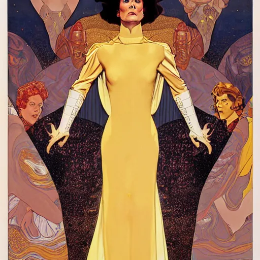 Image similar to portrait by joshua middleton of the actress, sigourney weaver as ming the merciless, archenemy of flash gordon, saviour of the universe, klimt, mucha, 1 9 7 0 s poster,