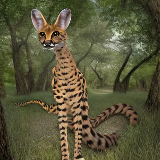 Image similar to photorealistic fantasy digital art of a serval whose torso is extremely long and thin and twisted into a coil, resembling a snake. it is in an oak forest. its tongue is a long forked snake - tongue. realistic high - resolution whimsical image.