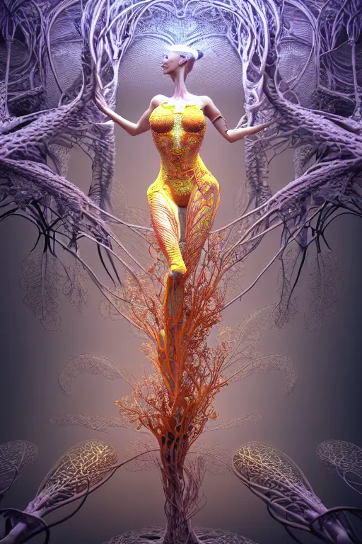 Image similar to intricate hyper detailed ultra sharp 3 d render, unity of mood, biomechanical cyborg ladies dancing, atmospheric, foliage, white large pore fungi, cyberpunk art nouveau, haute couture alexander mcqueen leaves stems colorful dahlias blooming transparent fractal filigree roots, intricate details, octane render, volumetric cinematic lighting, natural beautiful light, yellow infrared, lumiol, 8 k,