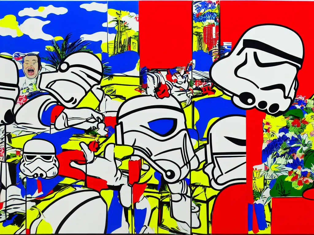 Prompt: hyperrealism composition of the asian home with a garden, stormtrooper in hot springs, pop - art style, jacky tsai style, andy warhol style, roy lichtenstein, acrylic on canvas