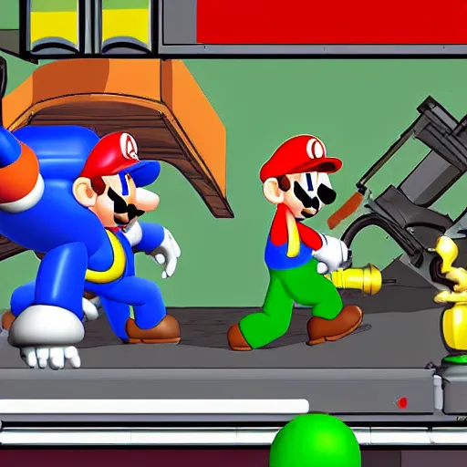 Prompt: Mario Bros fighting against a robot