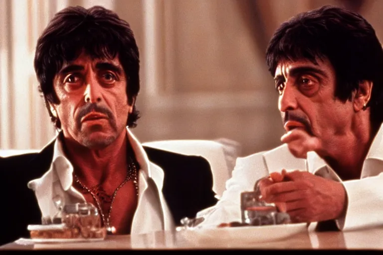 Image similar to tony montana from movie scarface 1 9 8 3 sitting at a big black oak table with big packages of flour. next to the night window. al pacino. perfect symmetric face, coherent eyes,, fine details, 4 k, ron cobb, cinestill