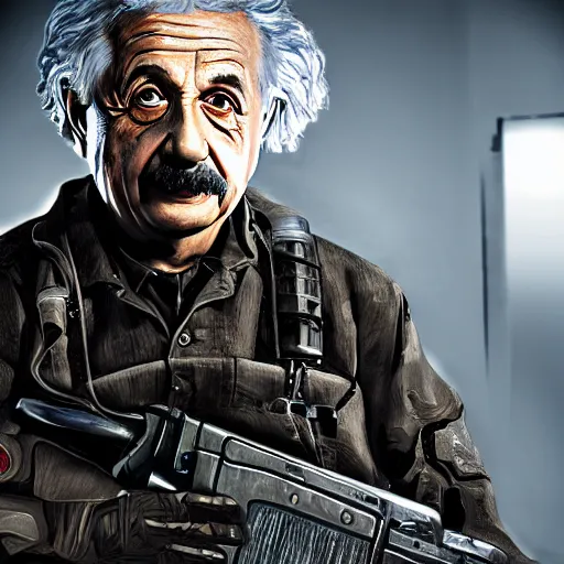 Image similar to Albert Einstein in Call of Duty Black Ops, highly detailed, high quality, HD, 4k, 8k, Canon 300mm, professional photographer, 40mp, lifelike, top-rated, award winning, realistic, sharp, no blur, edited, corrected, trending