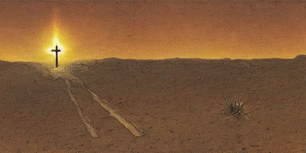 Image similar to A burning cross in the middle of the desert drawn by Caspar David Friedrich, dune, highly detailed