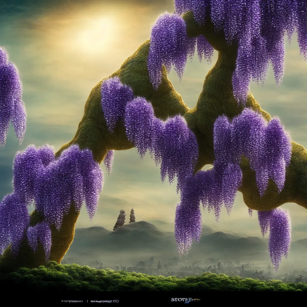 Prompt: tiny wisteria tree on top of a distant hill. between two skyscrapers. godzilla approaching. backlit. muted colors. fantasy magic style. highly detailed 8 k. intricate. lifelike. epic. movie poster. soft light. sony a 7 r iv 5 5 mm. cinematic post - processing
