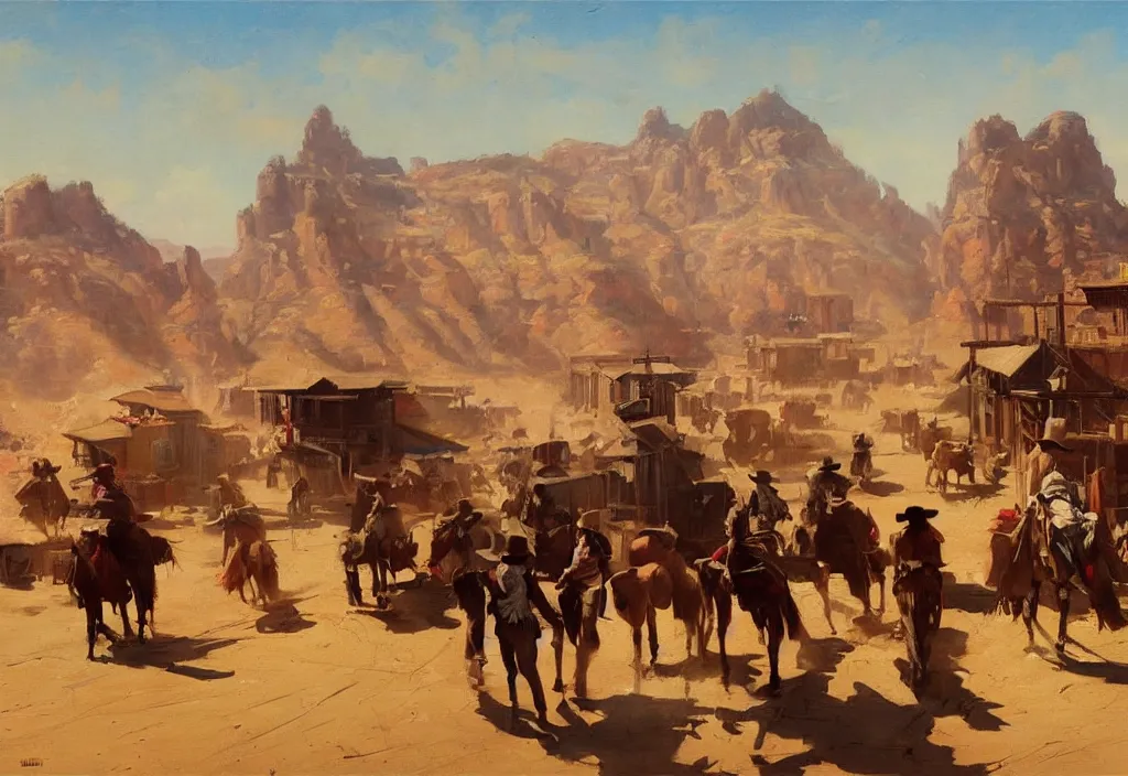 Prompt: greg manchess painting of a wild west town landscape in the year 1 8 5 0, any person in the painting only buildings, painting, trending on artstation, by huang guangjian and gil elvgren and sachin teng