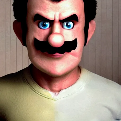 Prompt: mario real world facial reconstruction played by actor not cgi