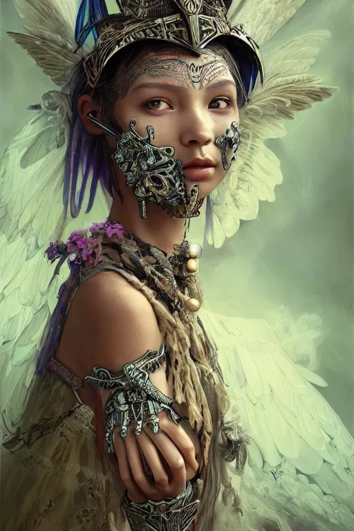 Image similar to A masterpiece ultrarealistic portrait of a Irristible angel princess tribal-shaman-knight-witch-ghost with Skull Iron mask. baroque renaissance girl in the night forest. medium shot, intricate, elegant, highly detailed. trending on artstation, digital art, by Stanley Artgerm Lau, WLOP, Rossdraws, James Jean, Andrei Riabovitchev, Marc Simonetti, Yoshitaka Amano. background by James Jean and Gustav Klimt, light by Julie Bell, 4k, porcelain skin.