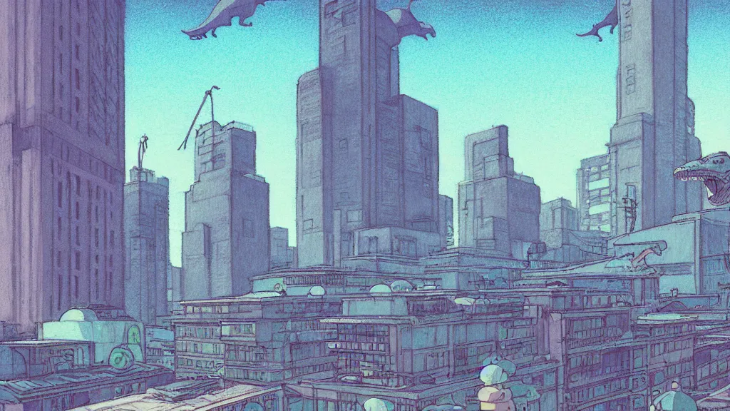 Prompt: Lofi downtown vibes with charcoal and pastel, downtown buildings in the foreground in studio ghibli style, little dinosaur creatures in the foreground by Vincent Di Fate, the background is battle mountain