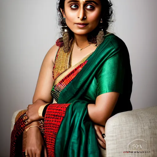 Prompt: Portrait of young rani mukherjee wearing assamese bihu mekhela sleeveless silk saree, XF IQ4, 150MP, 50mm, F1.4, ISO 1000, 1/250s, model photography by Steve McCurry in the style of Annie Leibovitz, face by Artgerm, daz studio genesis iray female, anatomically correct proportions, natural skin tone 4k textures, soft cinematic light, Adobe Lightroom, photolab, HDR, background: assam tea garden, intricate, elegant, highly detailed,sharp focus