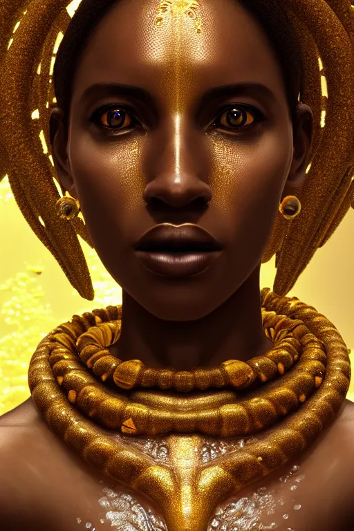 Image similar to hyperrealistic precisionist cinematic underwater scene with fish and algae, very expressive! translucent elegant african goddess, full body, gold jewerly, highly detailed face, digital art masterpiece, eric zener aykut aydogdu, volumetric light, long shot, low angle uhd 8 k, sharp focus