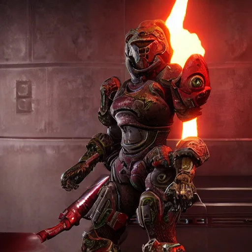 Image similar to female doom slayer extreme details epic dramatic realistic unreal engine render