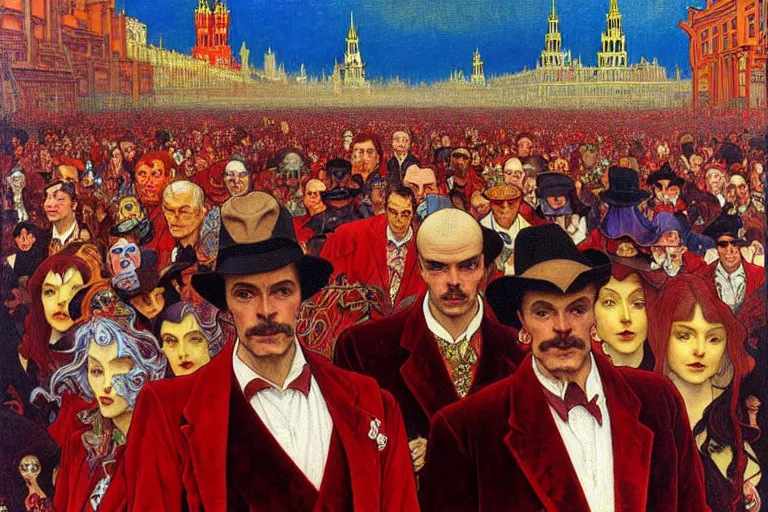 Image similar to realistic detailed portrait painting of a single skeleton wearing red velvet blazer in a crowded futuristic moscow street by Jean Delville, Amano, Yves Tanguy, Alphonse Mucha, Ernst Haeckel, Edward Robert Hughes, Roger Dean, rich moody colours, blue eyes