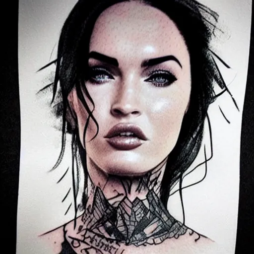 Image similar to megan fox as beautiful mountains, double exposure effect, medium sized tattoo sketch, amazing detail, on pinterest