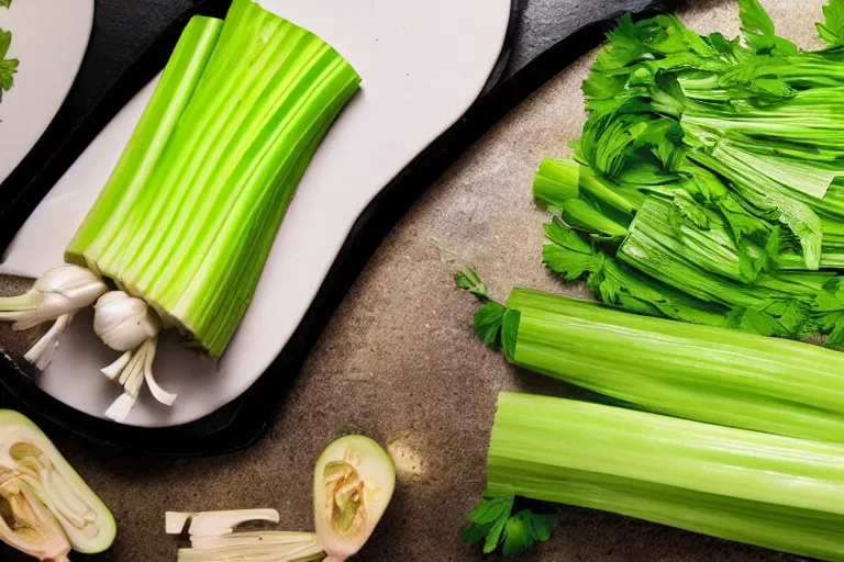 Image similar to selena gomez made out of celery, a human face with celery for hair, celery in the shape of a human face, a bunch of celery sitting on a cutting board, professional food photography