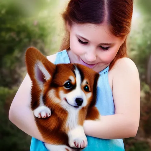 Prompt: “little girl holding a corgi puppy photorealistic hd”